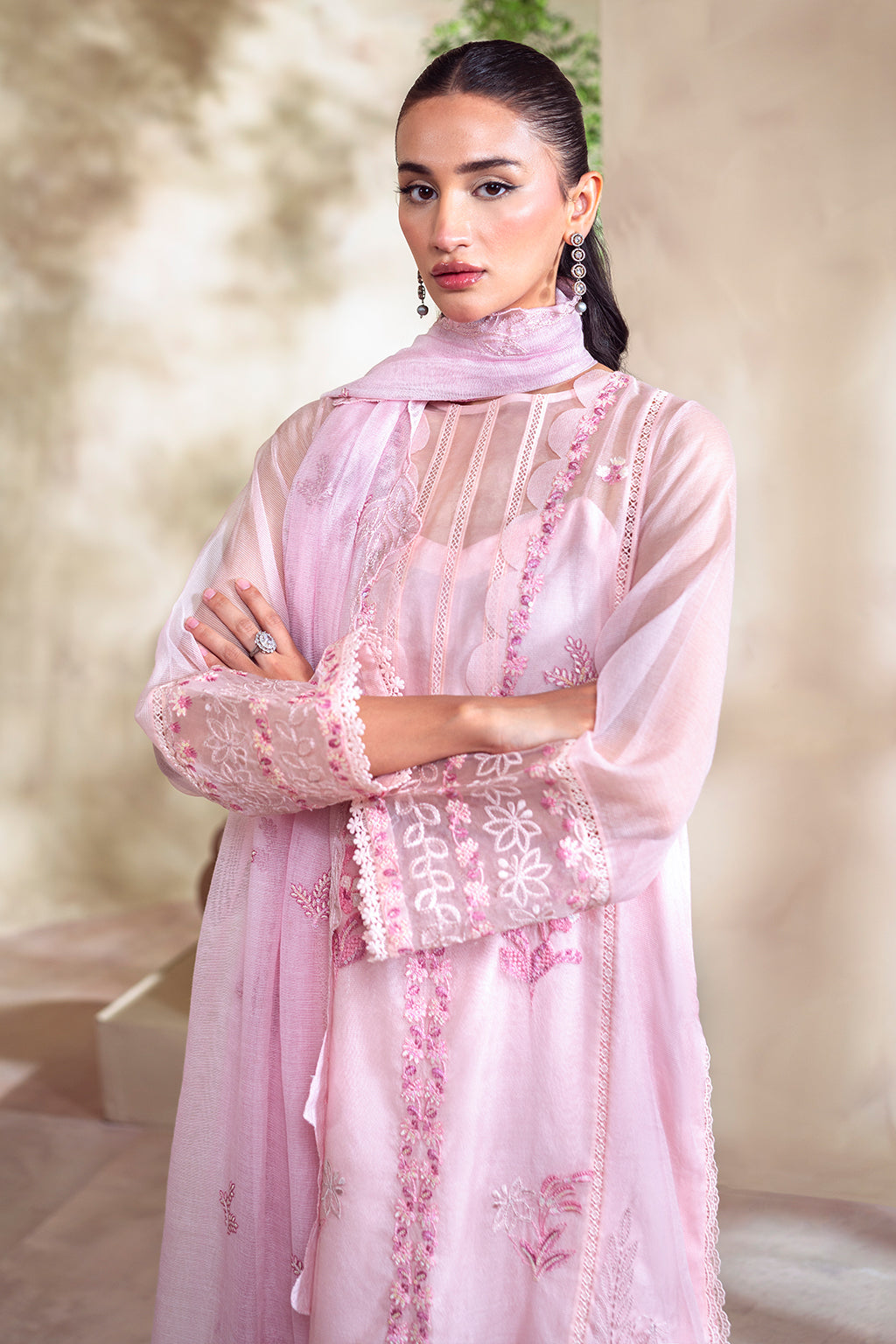 Embroidered Khaddi Net 3-piece suit with raw silk trousers and dupatta – luxury pret outfit.