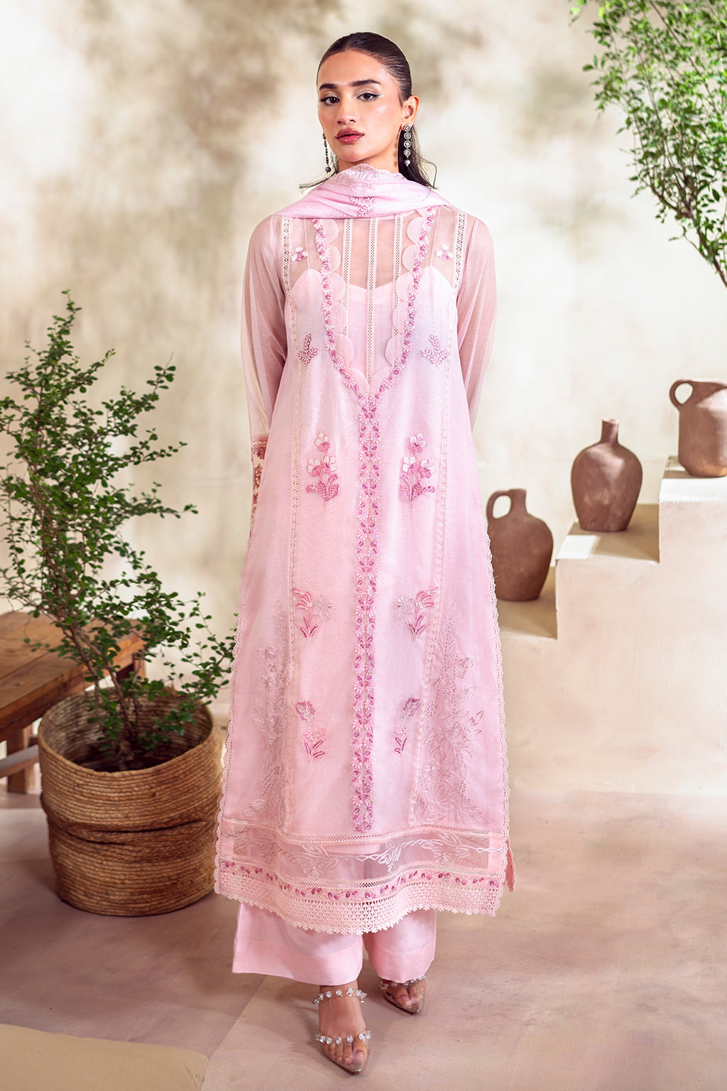 Embroidered Khaddi Net 3-piece suit with raw silk trousers and dupatta – luxury pret outfit.