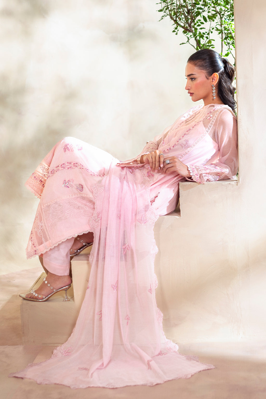 Embroidered Khaddi Net 3-piece suit with raw silk trousers and dupatta – luxury pret outfit.