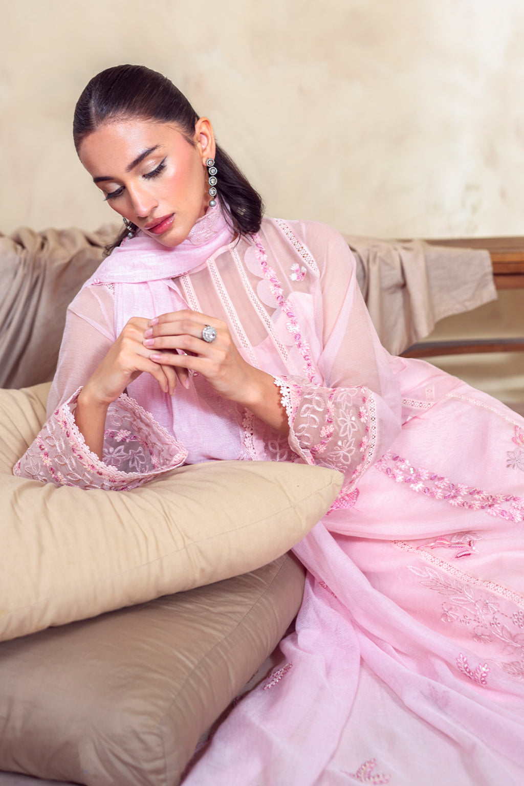 Embroidered Khaddi Net 3-piece suit with raw silk trousers and dupatta – luxury pret outfit.